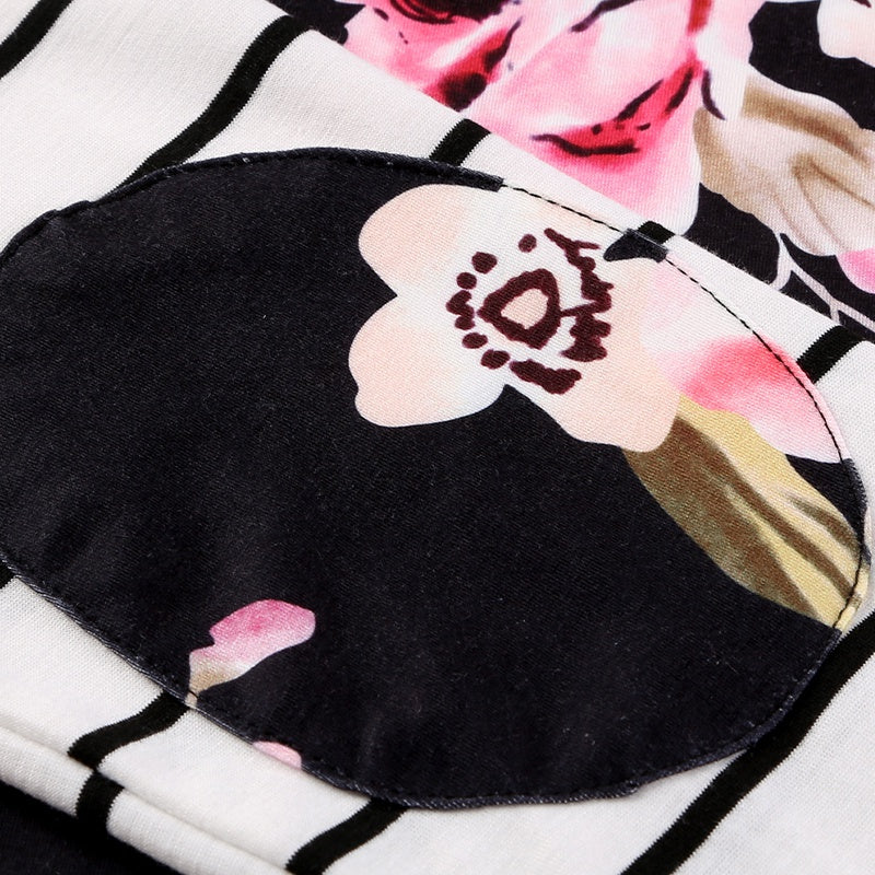 Damen-Baseball-Sweatshirt mit Blumenmuster und gestreiftem Ellenbogen-Patch, lange Ärmel, Rundhalsausschnitt