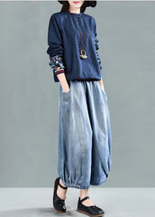 Hellblauer Patchwork-Jeansrock aus Baumwolle mit elastischer Taille