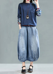 Hellblauer Patchwork-Jeansrock aus Baumwolle mit elastischer Taille