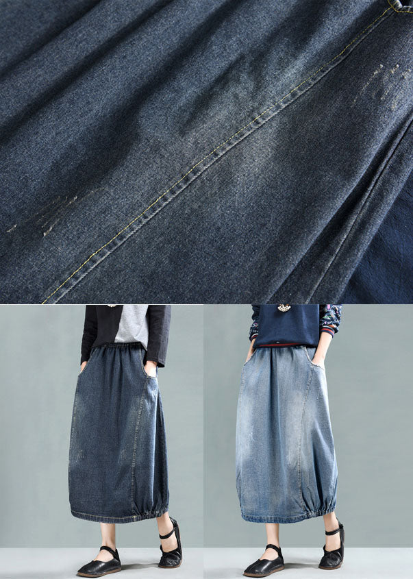 Hellblauer Patchwork-Jeansrock aus Baumwolle mit elastischer Taille