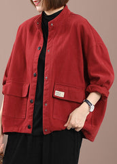 Rote Patchwork-Jeansjacken mit Taschen