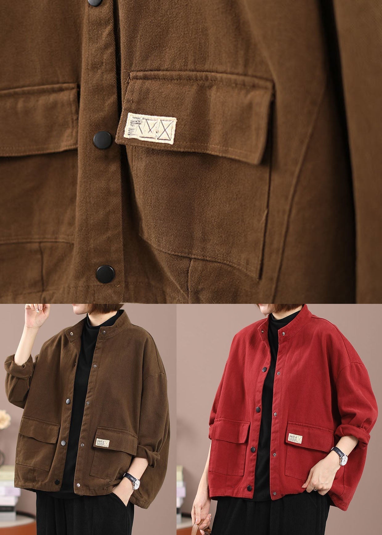 Rote Patchwork-Jeansjacken mit Taschen
