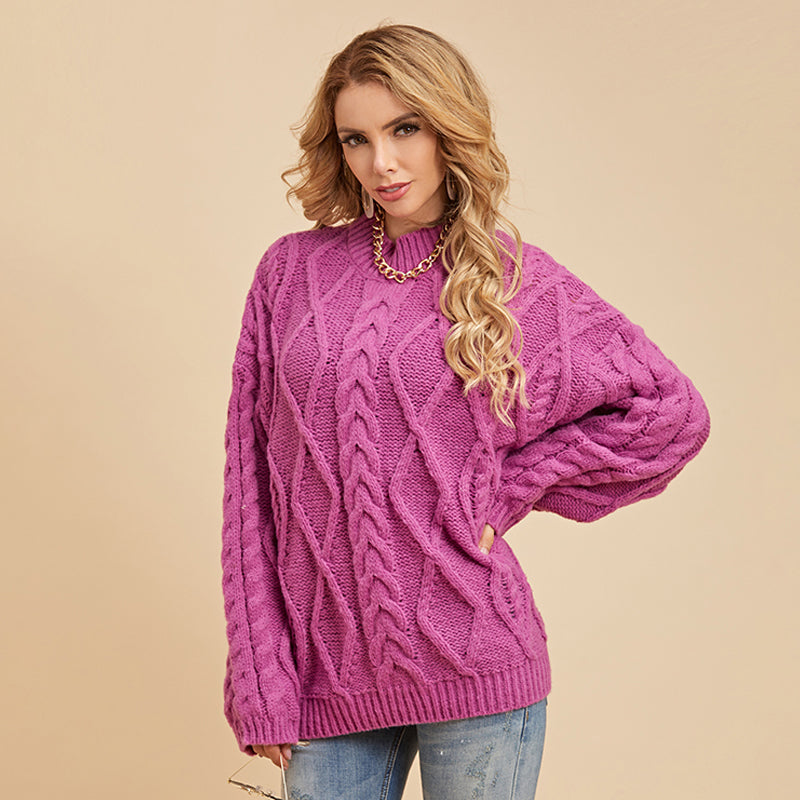 Damen Pullover mit überschnittenen Schultern, langen Ärmeln und Zopfmuster, lockerer Pullover mit halbem Stehkragen