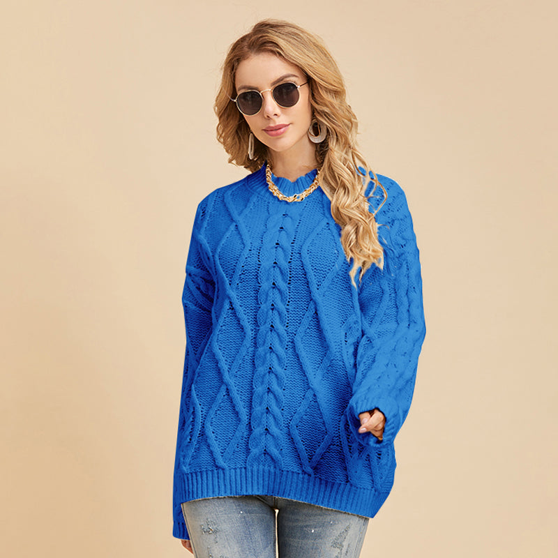 Damen Pullover mit überschnittenen Schultern, langen Ärmeln und Zopfmuster, lockerer Pullover mit halbem Stehkragen