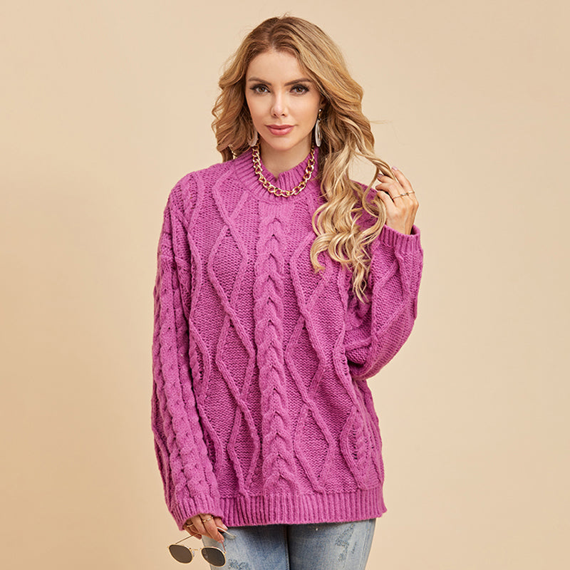 Damen Pullover mit überschnittenen Schultern, langen Ärmeln und Zopfmuster, lockerer Pullover mit halbem Stehkragen