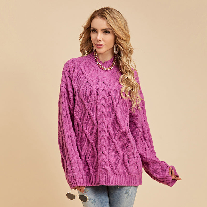 Damen Pullover mit überschnittenen Schultern, langen Ärmeln und Zopfmuster, lockerer Pullover mit halbem Stehkragen