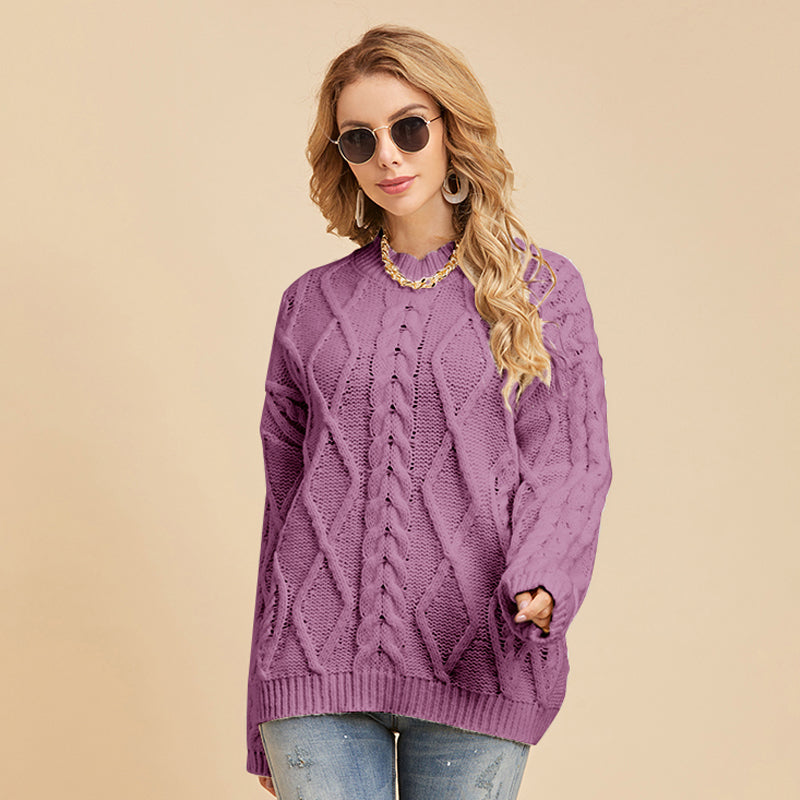 Damen Pullover mit überschnittenen Schultern, langen Ärmeln und Zopfmuster, lockerer Pullover mit halbem Stehkragen