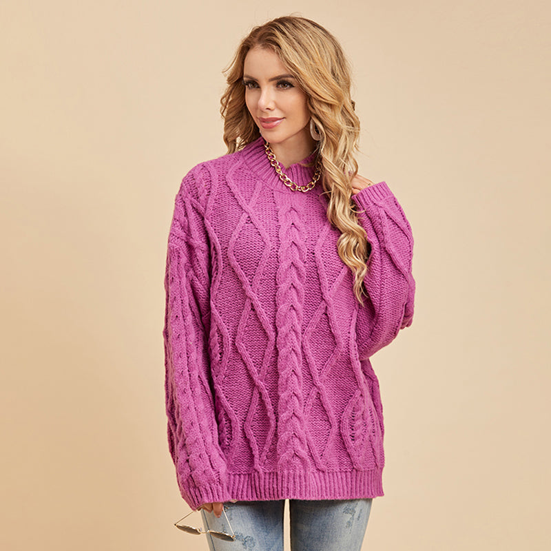 Damen Pullover mit überschnittenen Schultern, langen Ärmeln und Zopfmuster, lockerer Pullover mit halbem Stehkragen