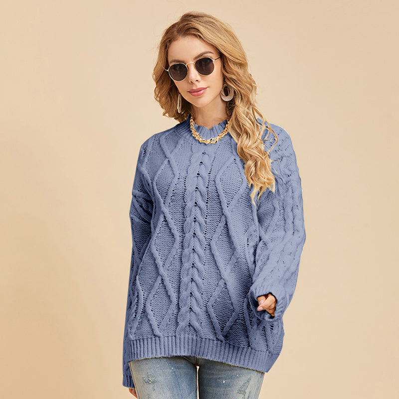 Damen Pullover mit überschnittenen Schultern, langen Ärmeln und Zopfmuster, lockerer Pullover mit halbem Stehkragen