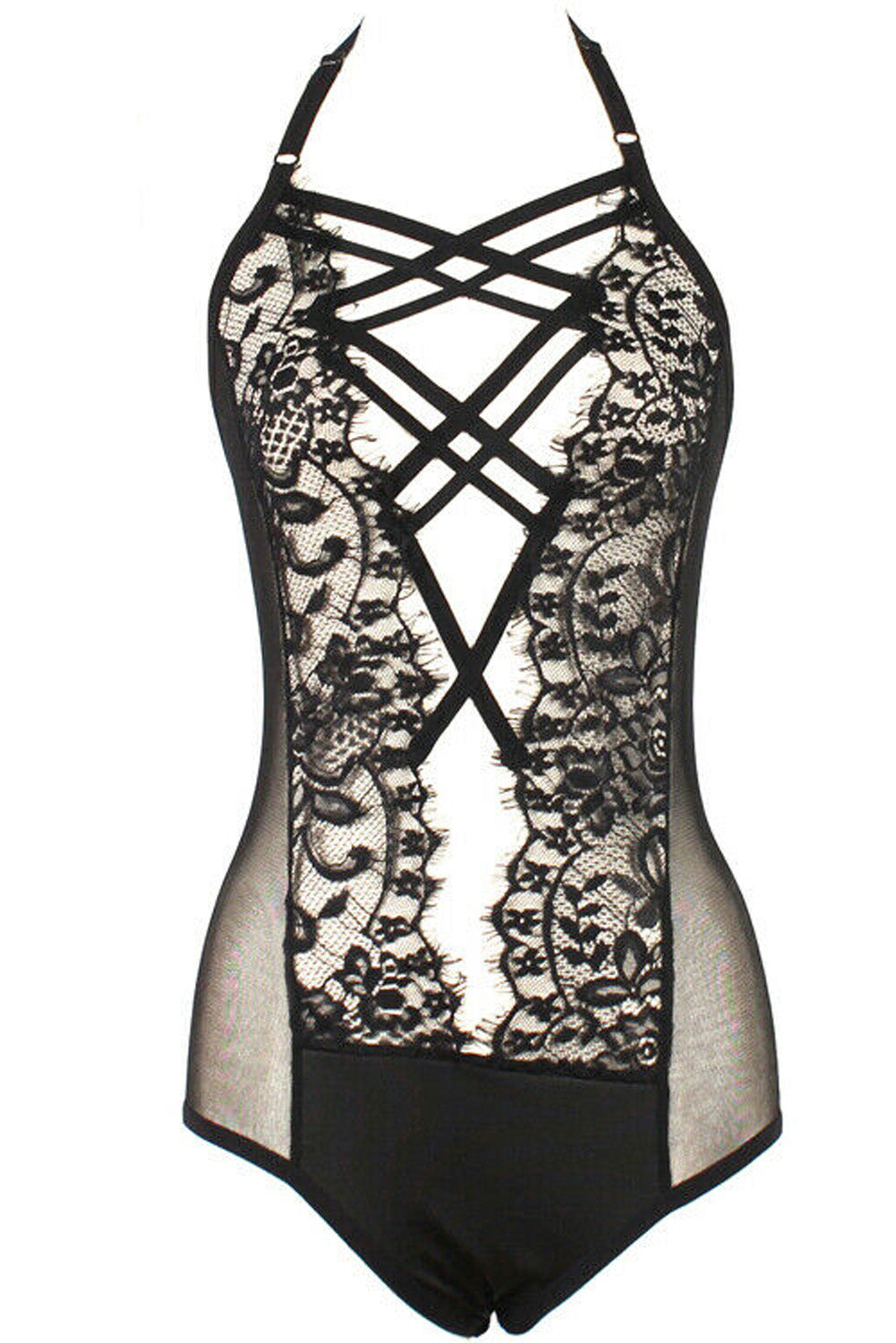 Damenmode Sexy Einfarbig Riemchen Bodysuit Süße Dunkelheit Spitze Goth Dessous