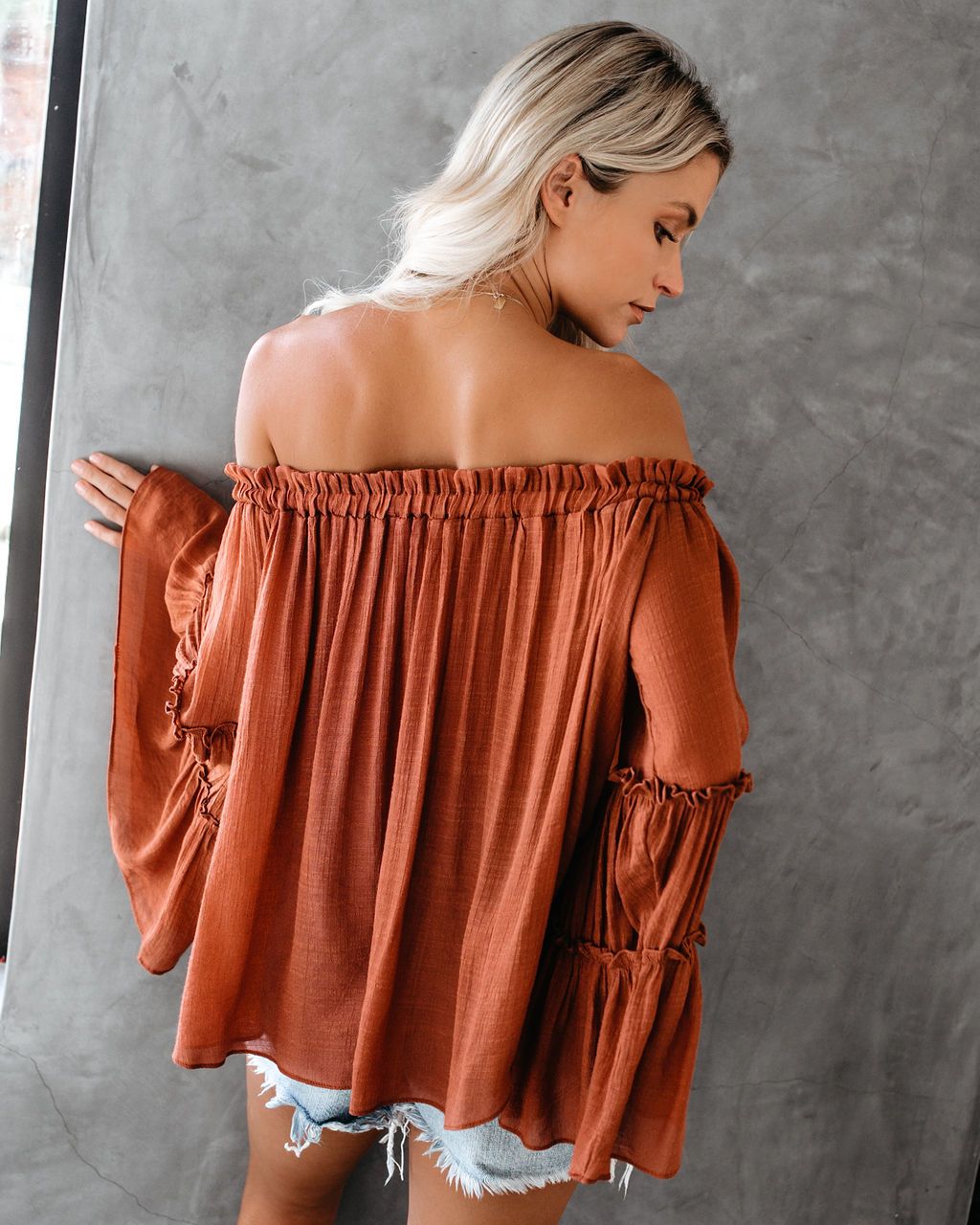 Damen Flare Sleeve Boat Neck Off Shoulder Bluse Sommer Frauen Langarm Top Casual Tops