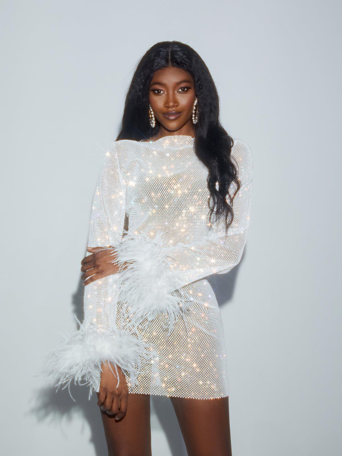 Xanthe – Weißes Minikleid aus Netzstoff mit Strass