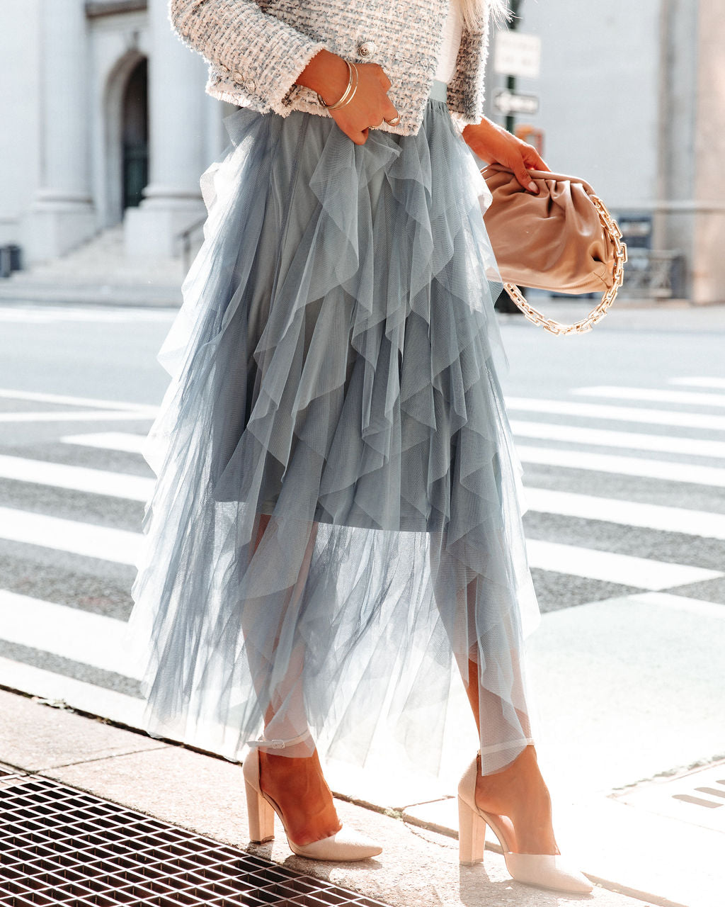 Allegro Ruffle Tulle Midi Skirt - Grey Blue STRU-001