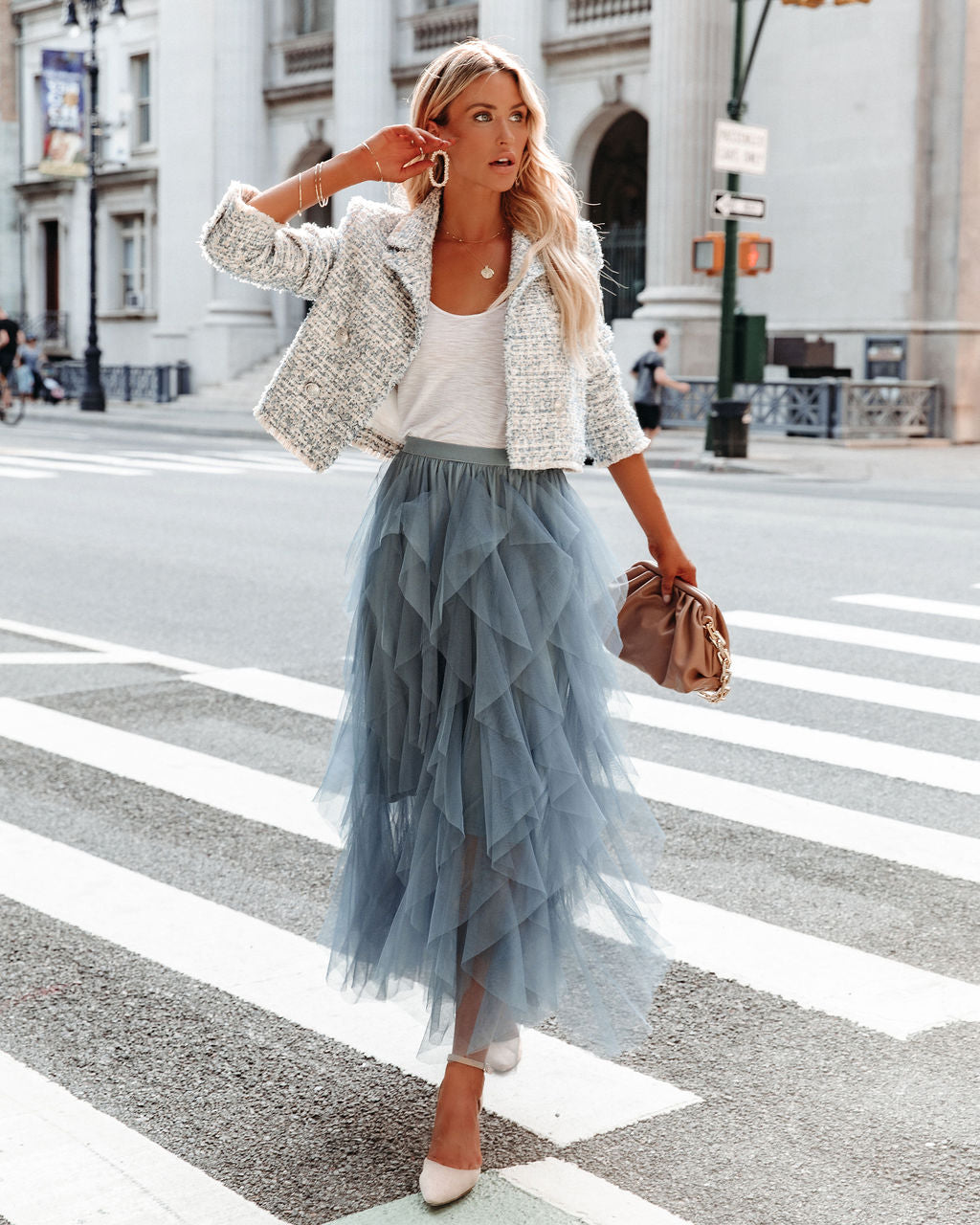 Allegro Ruffle Tulle Midi Skirt - Grey Blue