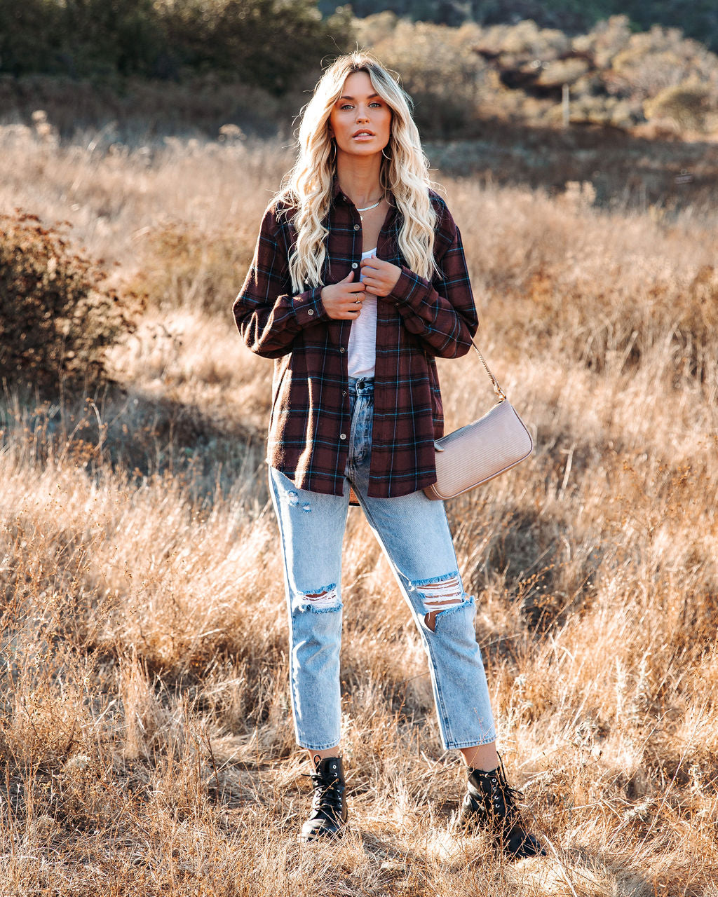 Anchorage Plaid Button Down Top – Schokolade – ENDGÜLTIGER VERKAUF