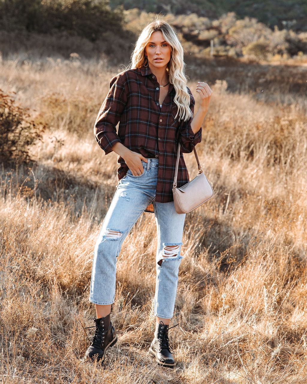 Anchorage Plaid Button Down Top – Schokolade – ENDGÜLTIGER VERKAUF