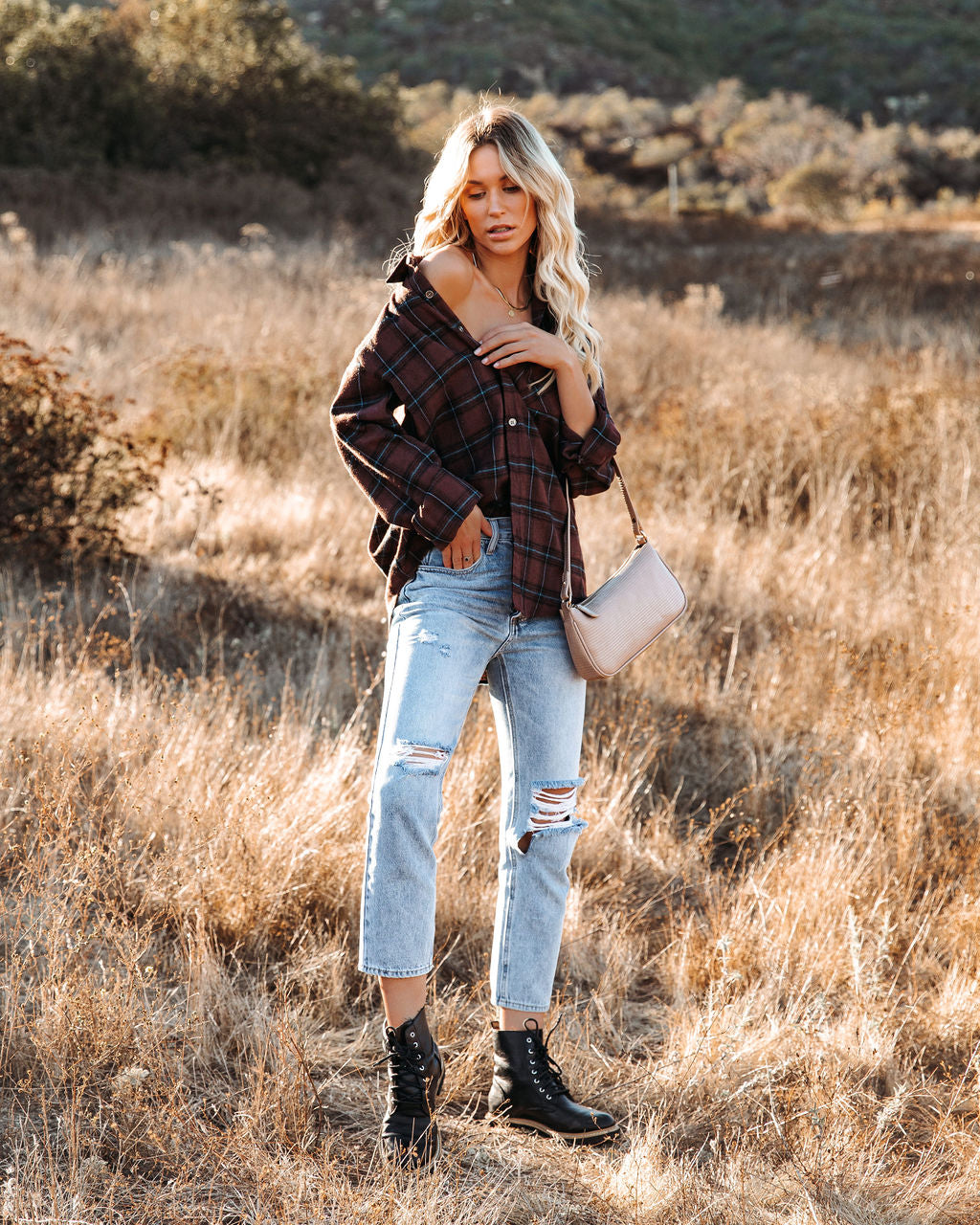 Anchorage Plaid Button Down Top – Schokolade – ENDGÜLTIGER VERKAUF