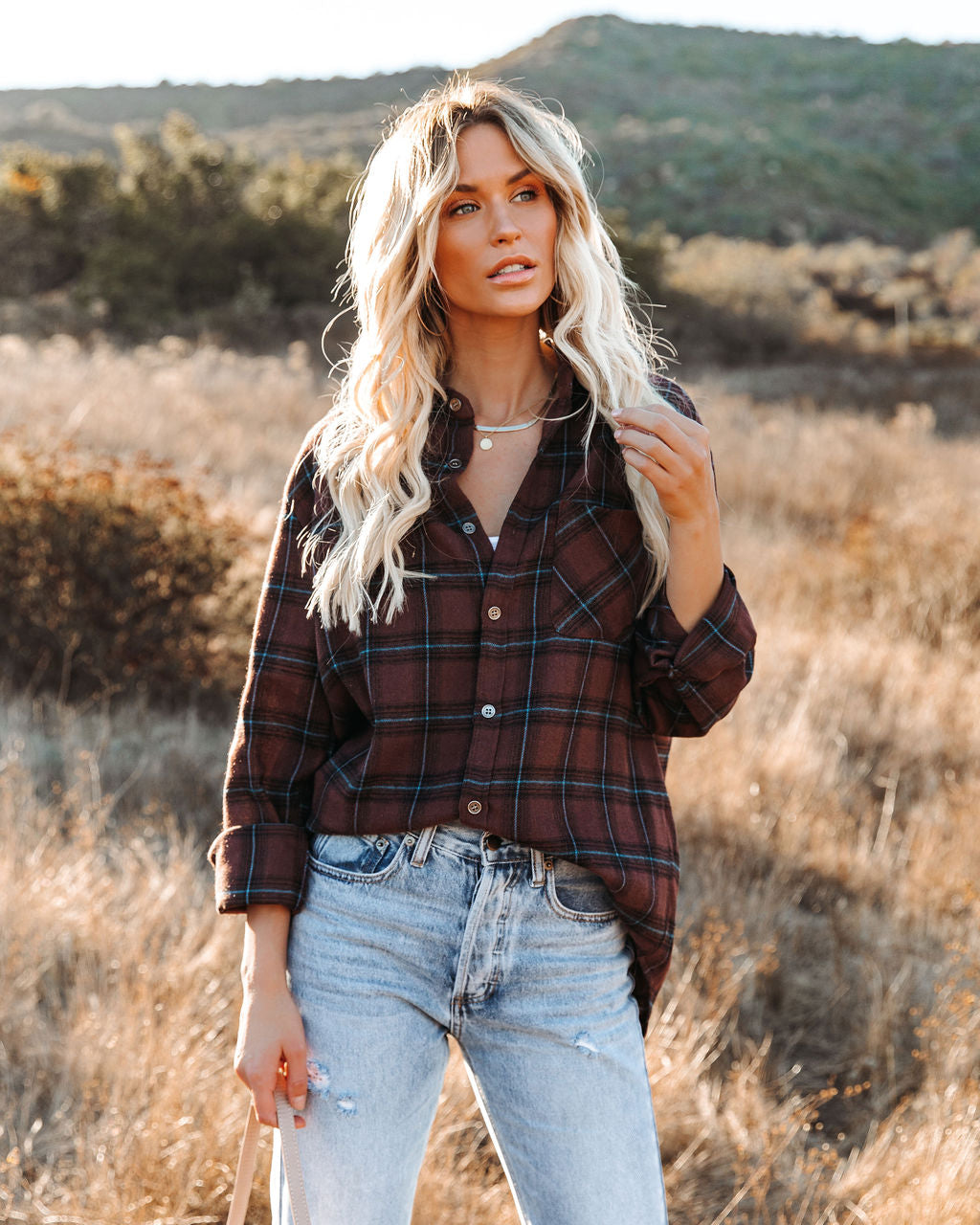 Anchorage Plaid Button Down Top – Schokolade – ENDGÜLTIGER VERKAUF