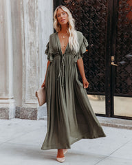 Anika Maxikleid mit Knopfleiste und Rüschen, Taschen - Olivgrün