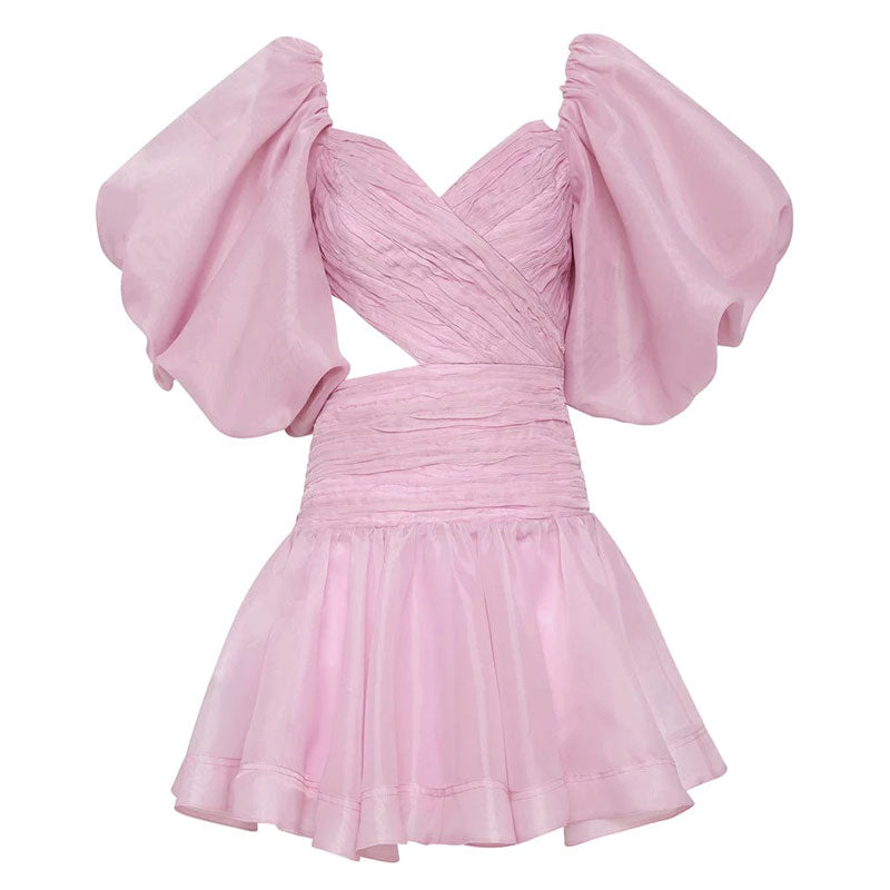 Asymmetrisches, ausgestelltes Minikleid mit herzförmigem Ausschnitt und Puffärmeln - Pink