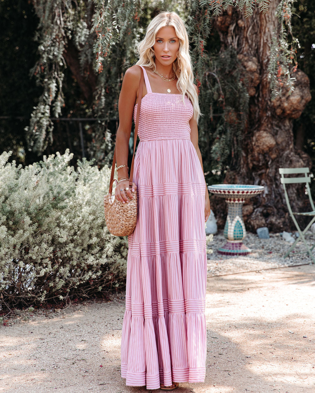 At Sea – Gesmoktes Maxikleid aus Baumwollmischung - Rosa