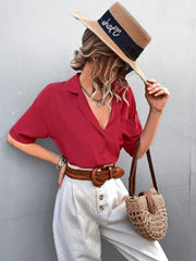 Button Down Lapel Collar Short Sleeve Shirt