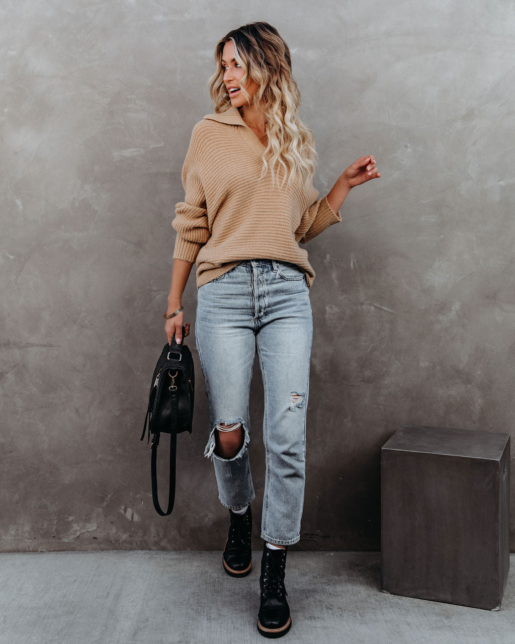 Beatrix Strickpullover mit Kragen - Hellbraun