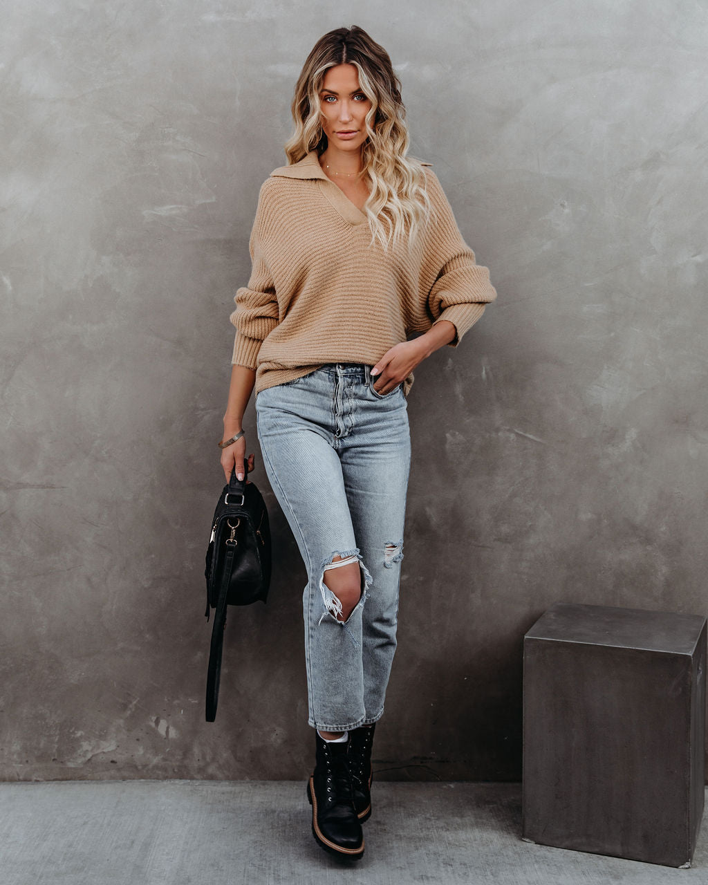 Beatrix Strickpullover mit Kragen - Hellbraun