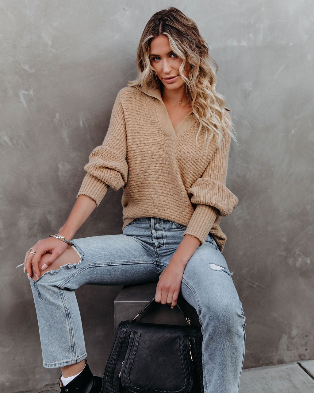 Beatrix Strickpullover mit Kragen - Hellbraun