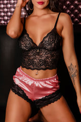 Schwarzes 2-teiliges Dessous-Set mit Spaghettiträgern aus Spitze