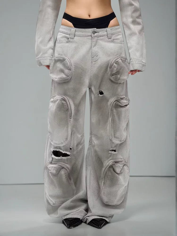 Pantalones vintage holgados de tubo recto perforado
