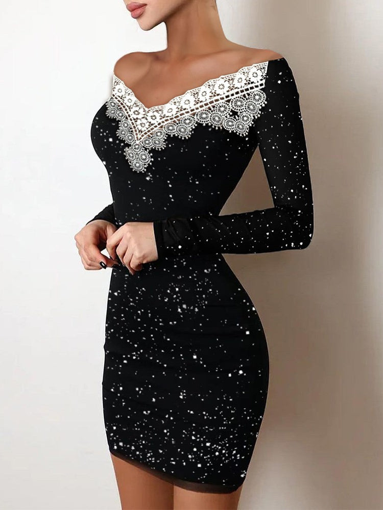 Vestido negro ajustado con palabra bronceada y bolso de hombro a la cadera 