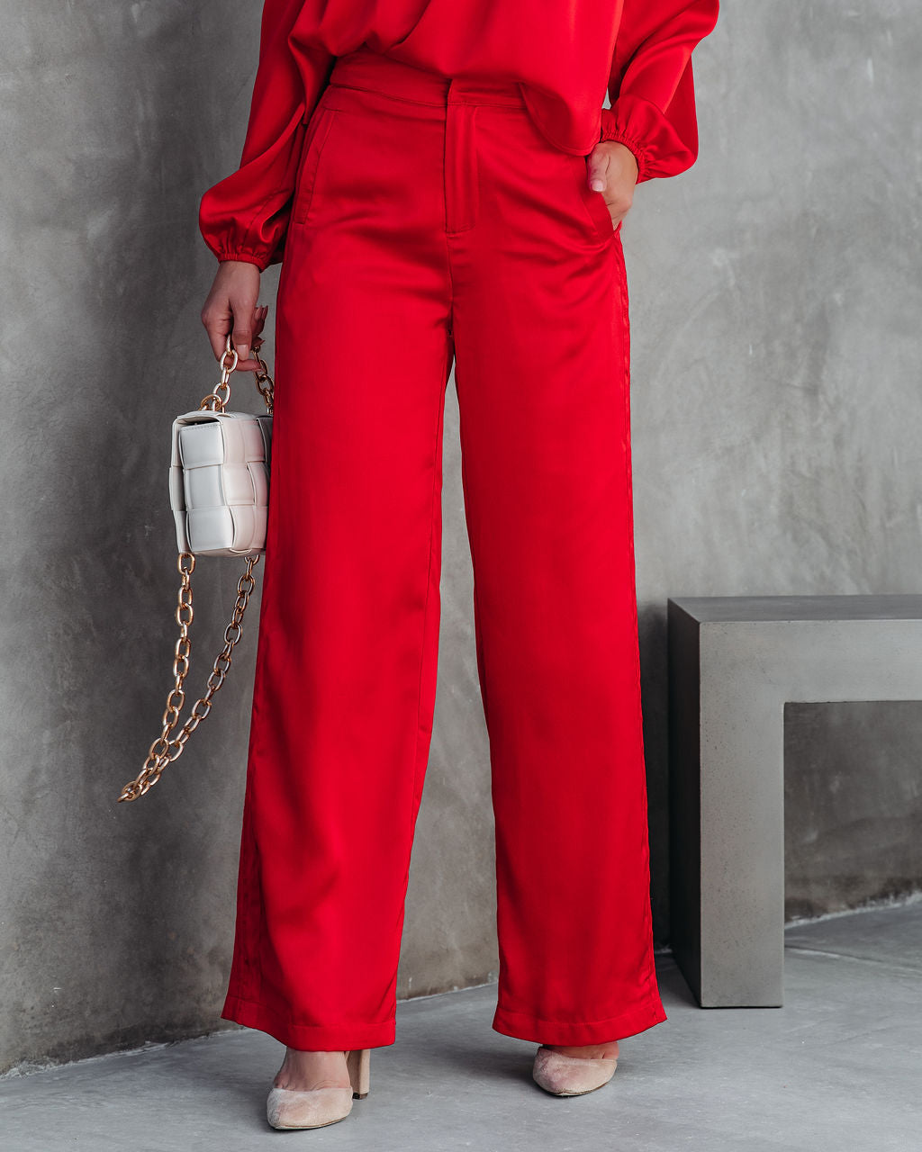 Clockwork Satinhose mit weitem Bein und Taschen - Rot