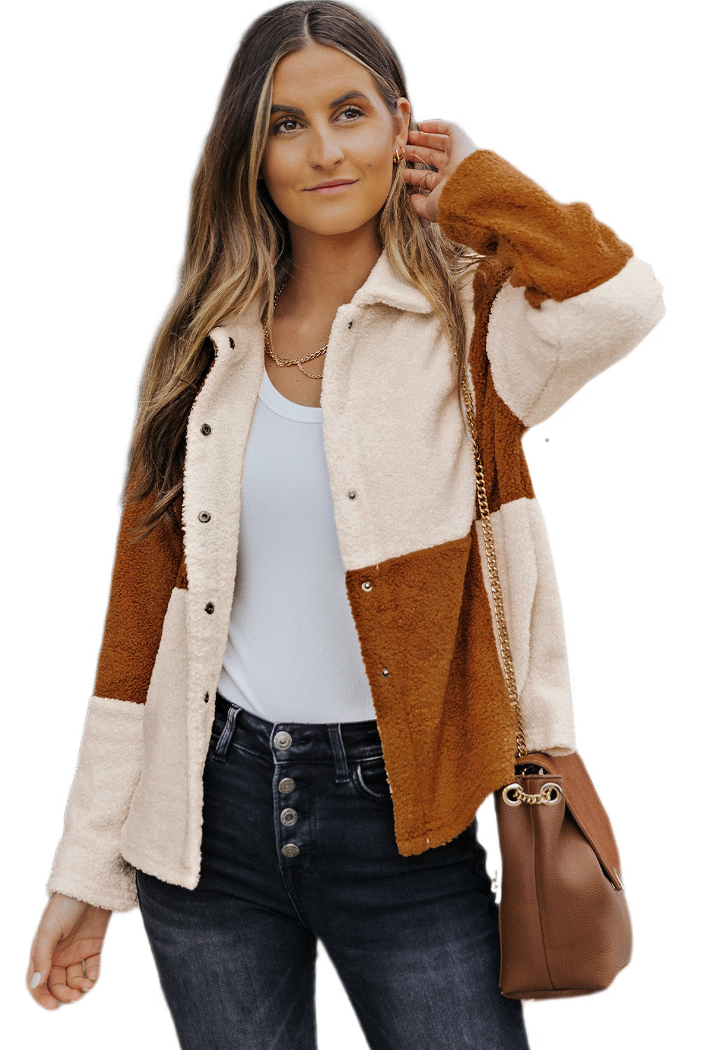 Chaqueta sherpa a cuadros con bloques de color