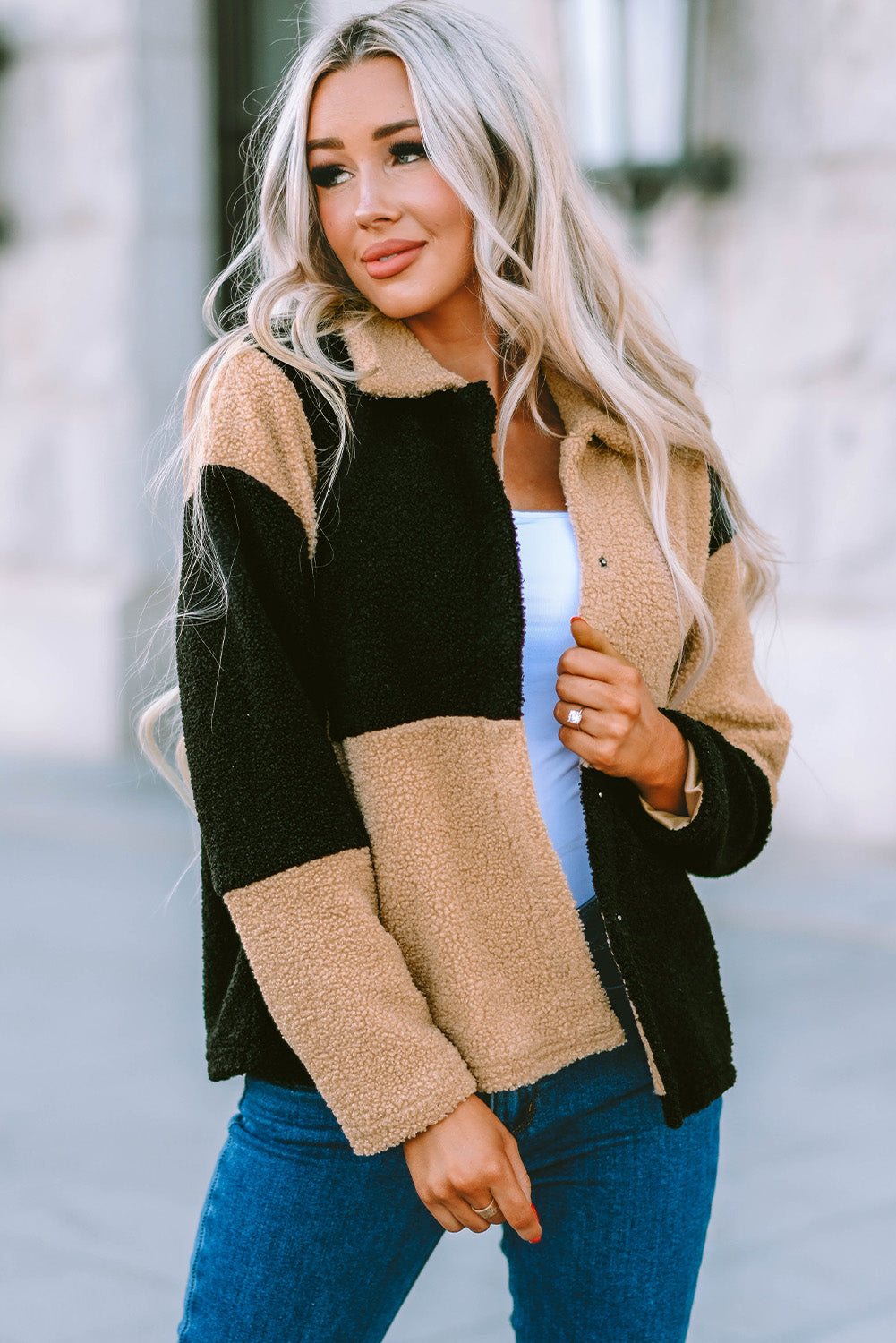 Chaqueta sherpa a cuadros con bloques de color