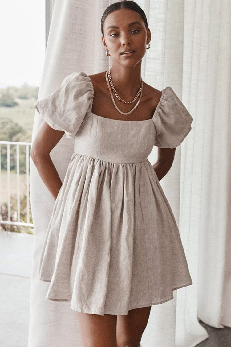 Süßes Leinen-Babydoll-Minikleid mit Puffärmeln und quadratischem Ausschnitt - Khaki