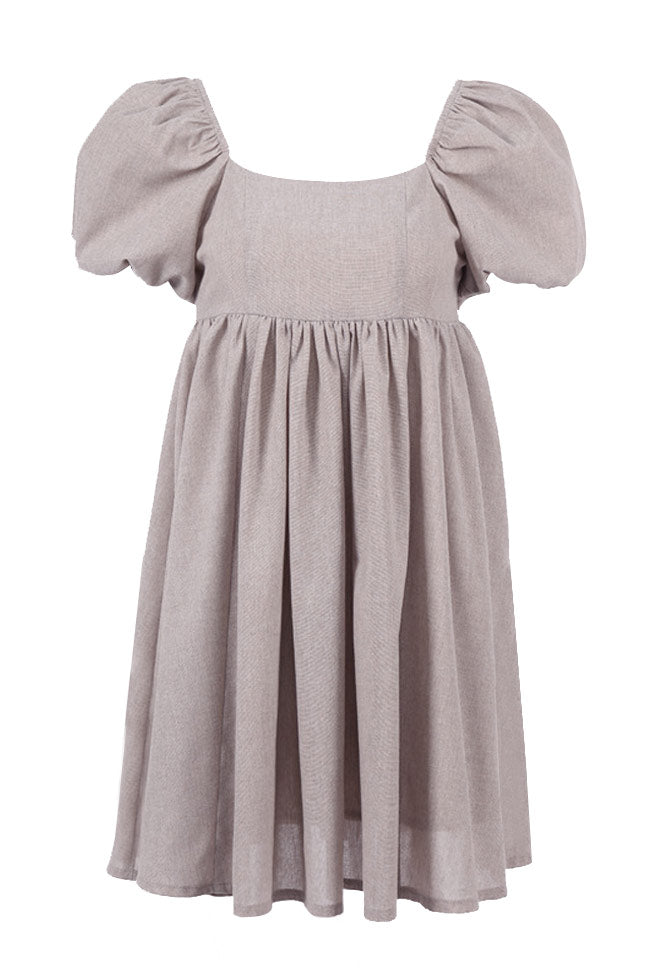 Süßes Leinen-Babydoll-Minikleid mit Puffärmeln und quadratischem Ausschnitt - Khaki