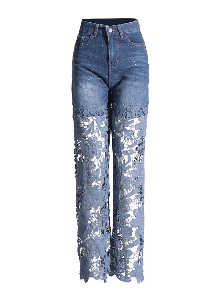 Aushöhlen Spitze Patchwork Weite Beinhose Jeans