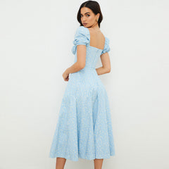 Vestido largo veraniego con mangas abullonadas y abertura alta, estampado de margaritas - Azul cielo