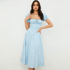 Vestido largo veraniego con mangas abullonadas y abertura alta, estampado de margaritas - Azul cielo