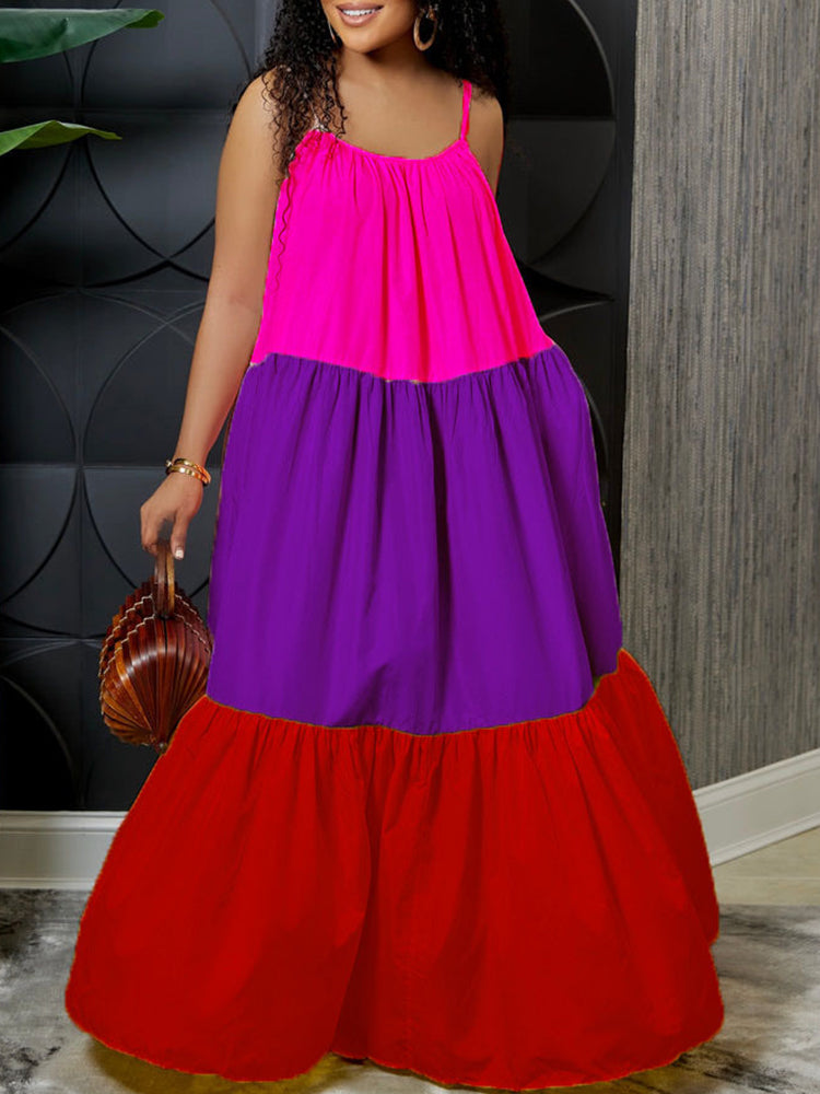 Vestido largo con bloques de color y tirantes finos