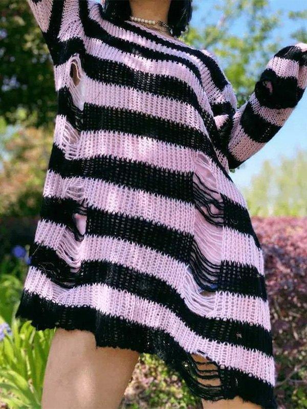 Langer Pullover mit Distressed-Streifen