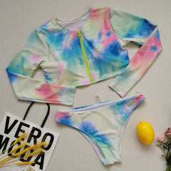 Dreamy Tie Dye Langarm Crop Rashguard Bikini Set - Mehrfarbig