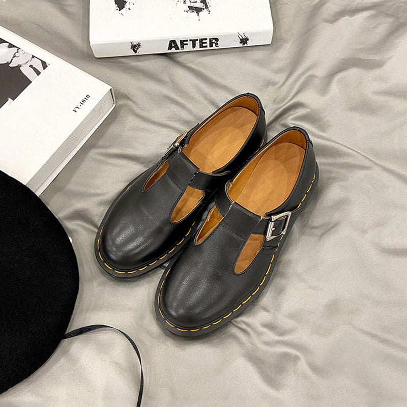 Handgemachte Retro Wachsen Flache Mary Jane Schuhe Runde Spitze Schwarz/Braun/Schwarz1/Weiß