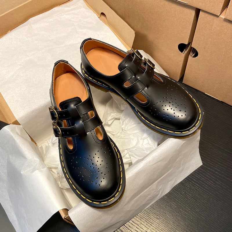 Handgemachte Retro Wachsen Flache Mary Jane Schuhe Runde Spitze Schwarz/Braun/Schwarz1/Weiß