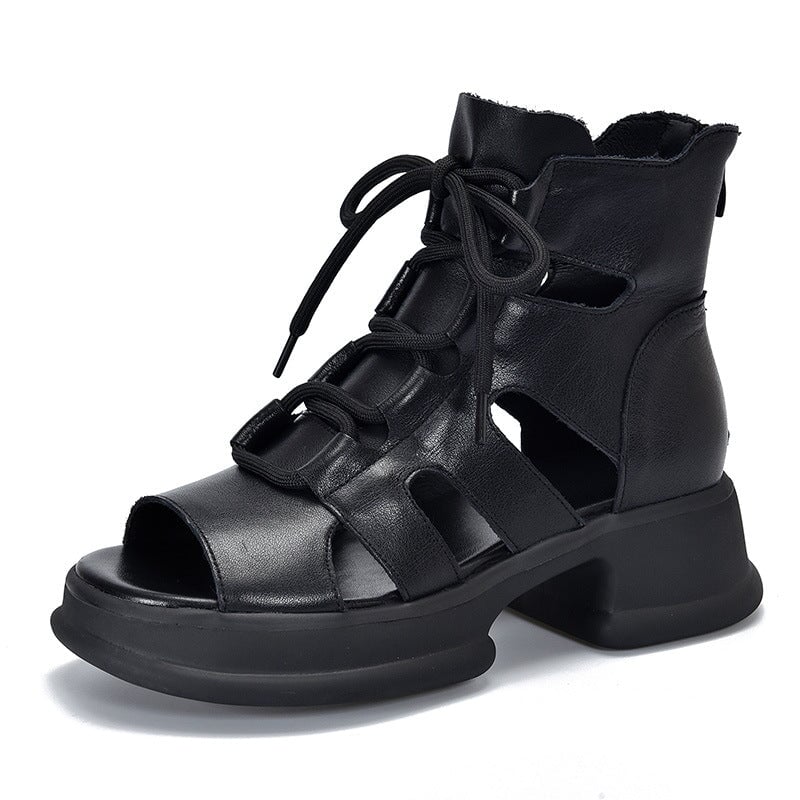 Echte Plateausandalen mit Schnürung, Retro-Peep-Toe-Gladiator-Sandalen