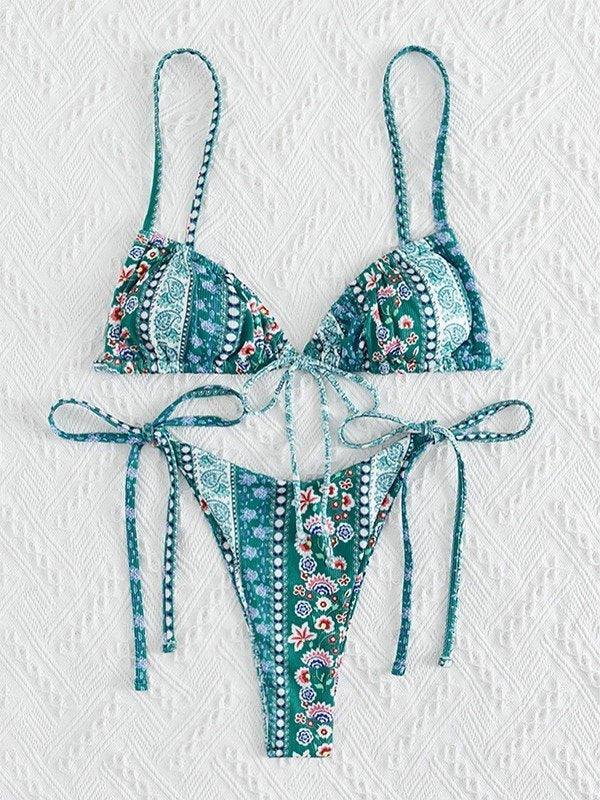 Bikini-Set mit ethnischem Blumenmuster und Schnürung