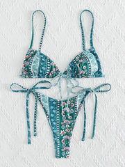 Bikini-Set mit ethnischem Blumenmuster und Schnürung