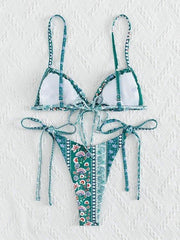 Bikini-Set mit ethnischem Blumenmuster und Schnürung