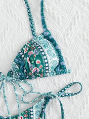 Bikini-Set mit ethnischem Blumenmuster und Schnürung